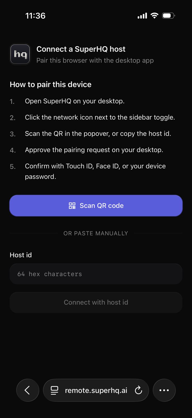 Pairing screen on remote.superhq.ai, scan the QR shown on your Mac