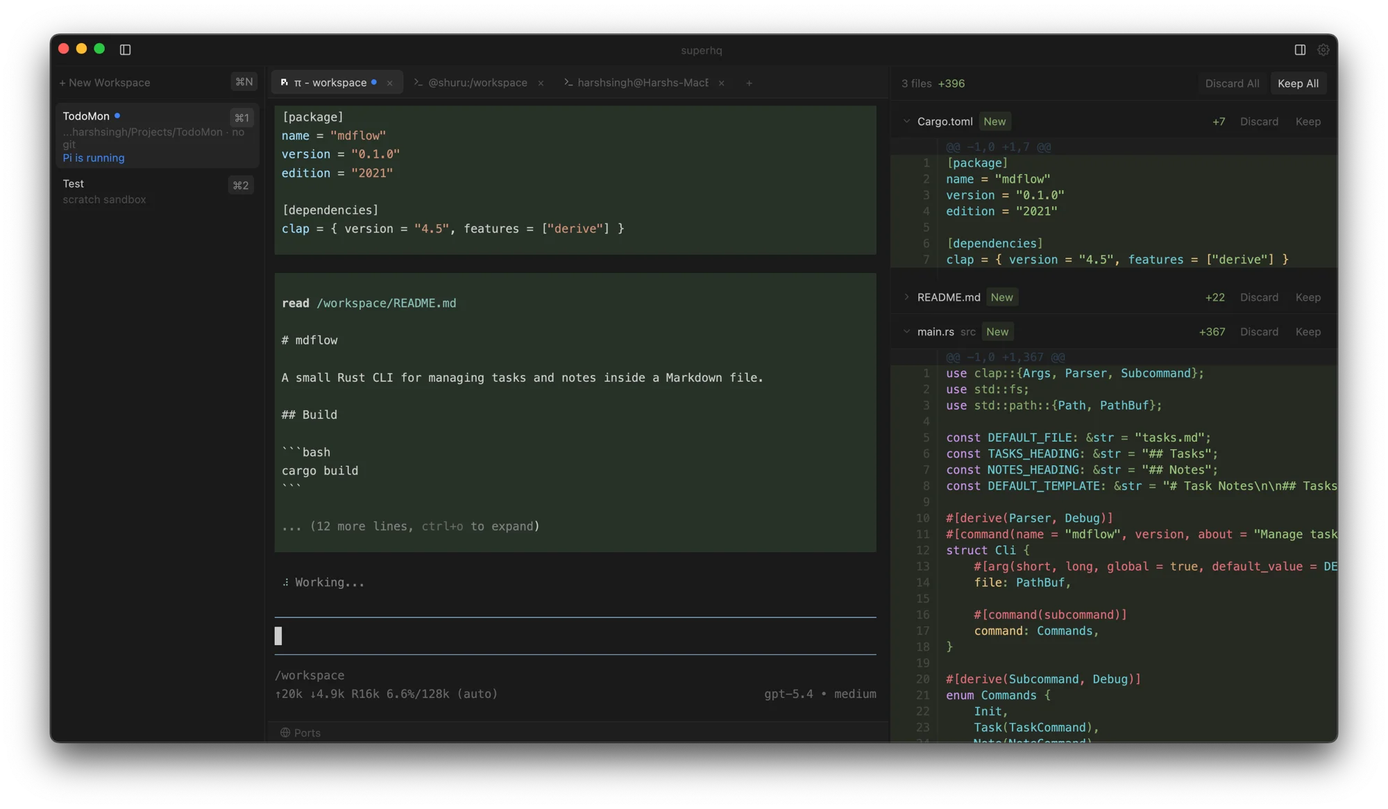 SuperHQ desktop app showing sandboxed agents, terminal, and review panel